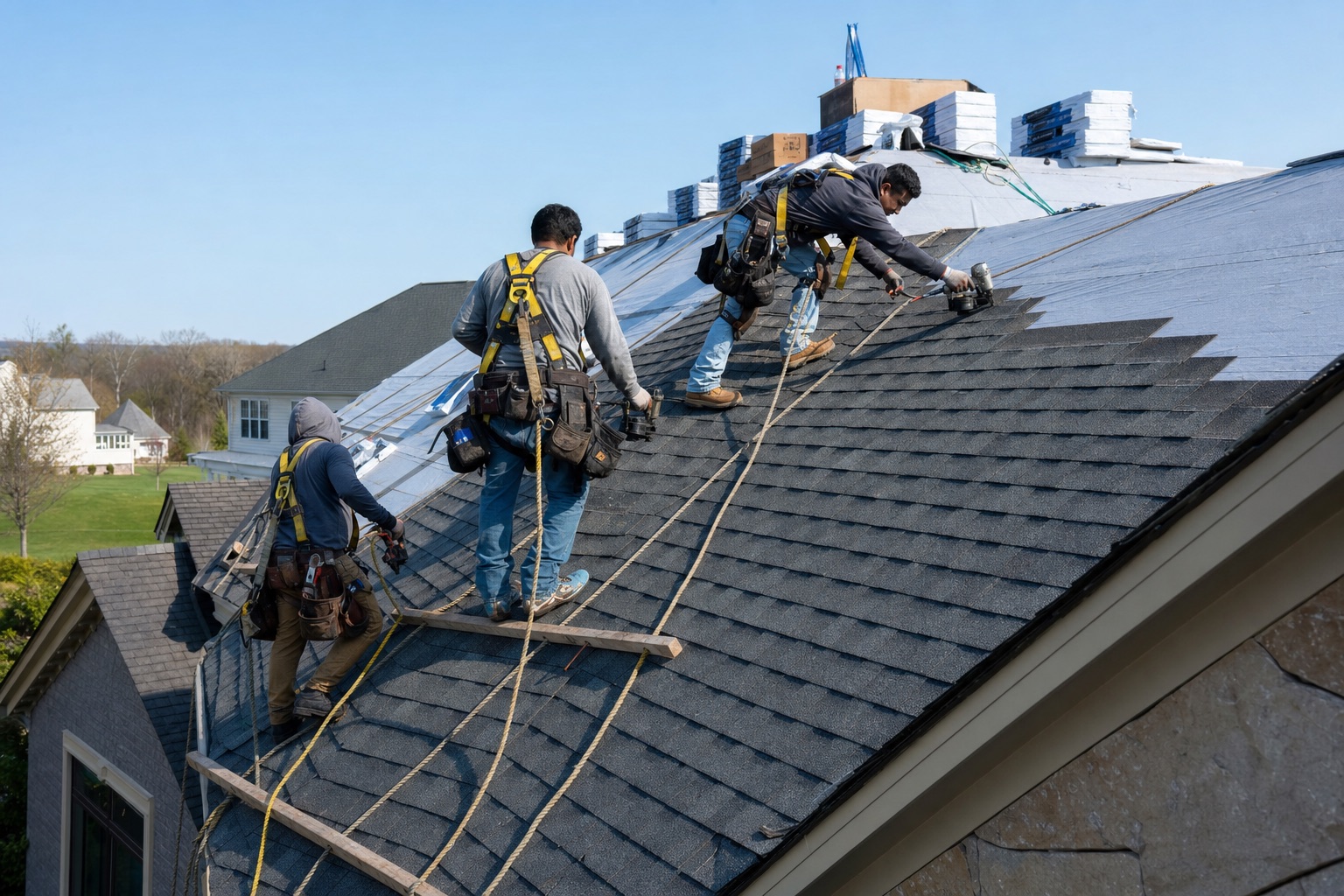 A roofing crew installing new shingles