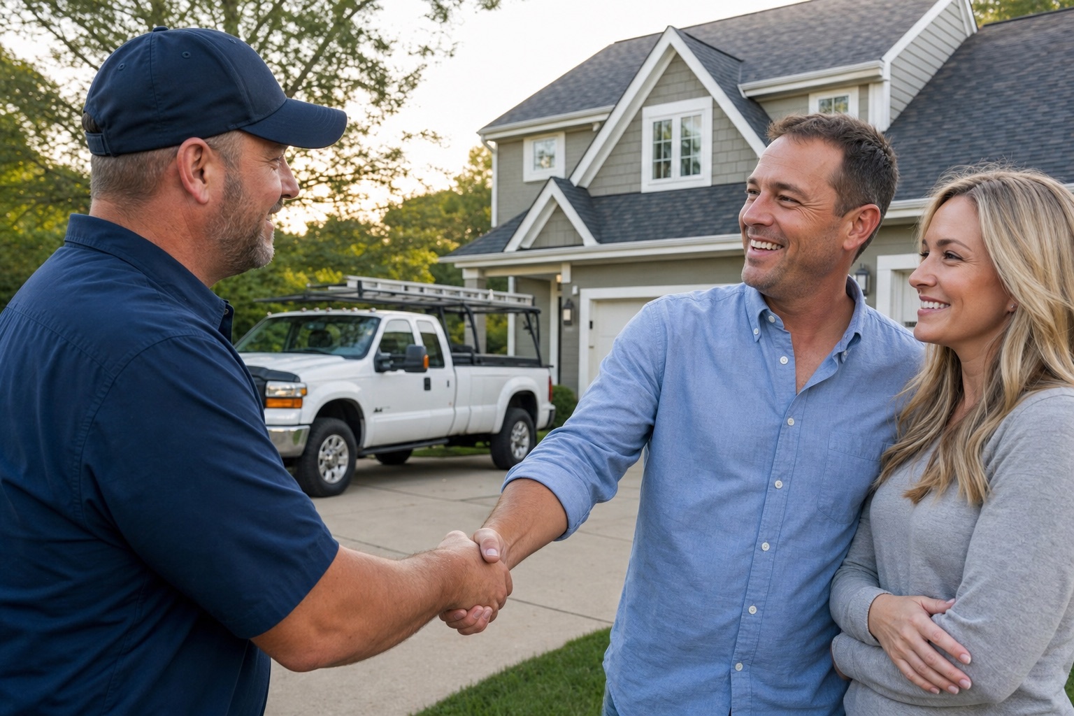 A roofing company owner shaking hands with a homeowner in front of their new roof