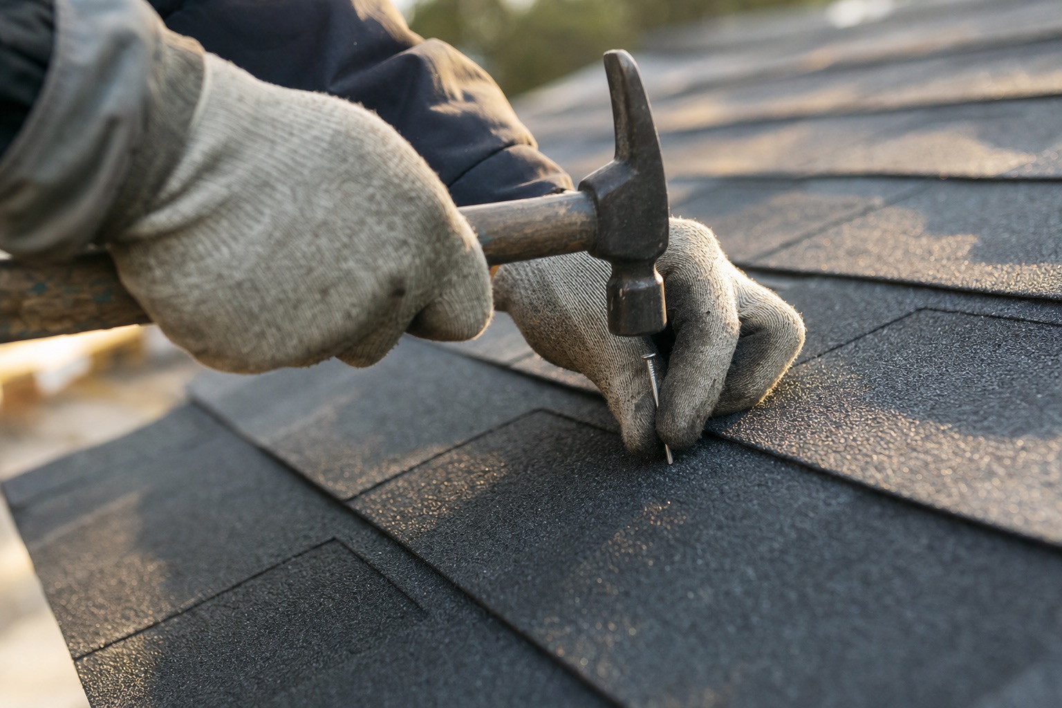 A roofer nailing an architectural shingle